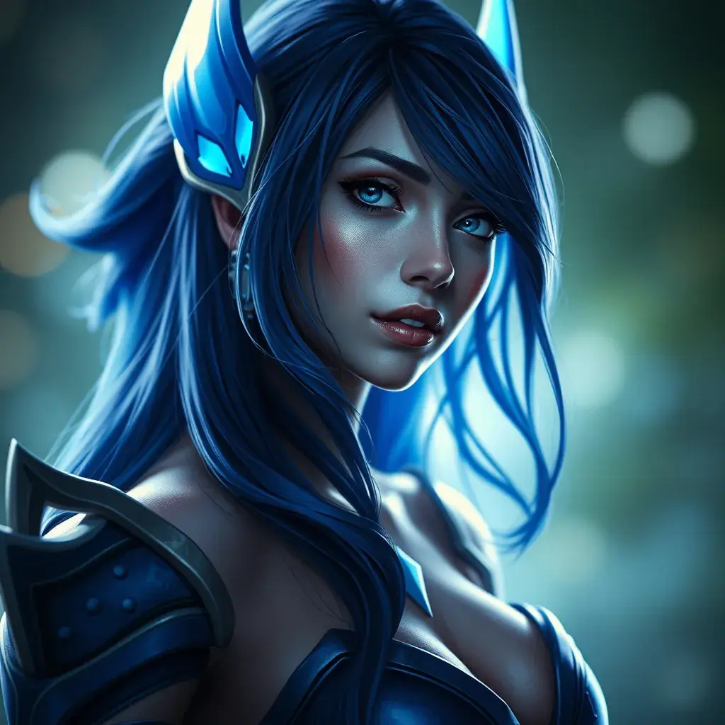 Alluring portrait of a beautiful Irelia from League of Legends in Blue, Highly Detailed, Half Body, Bokeh effect, Photo Realistic, Sharp Focus by Stefan Kostic