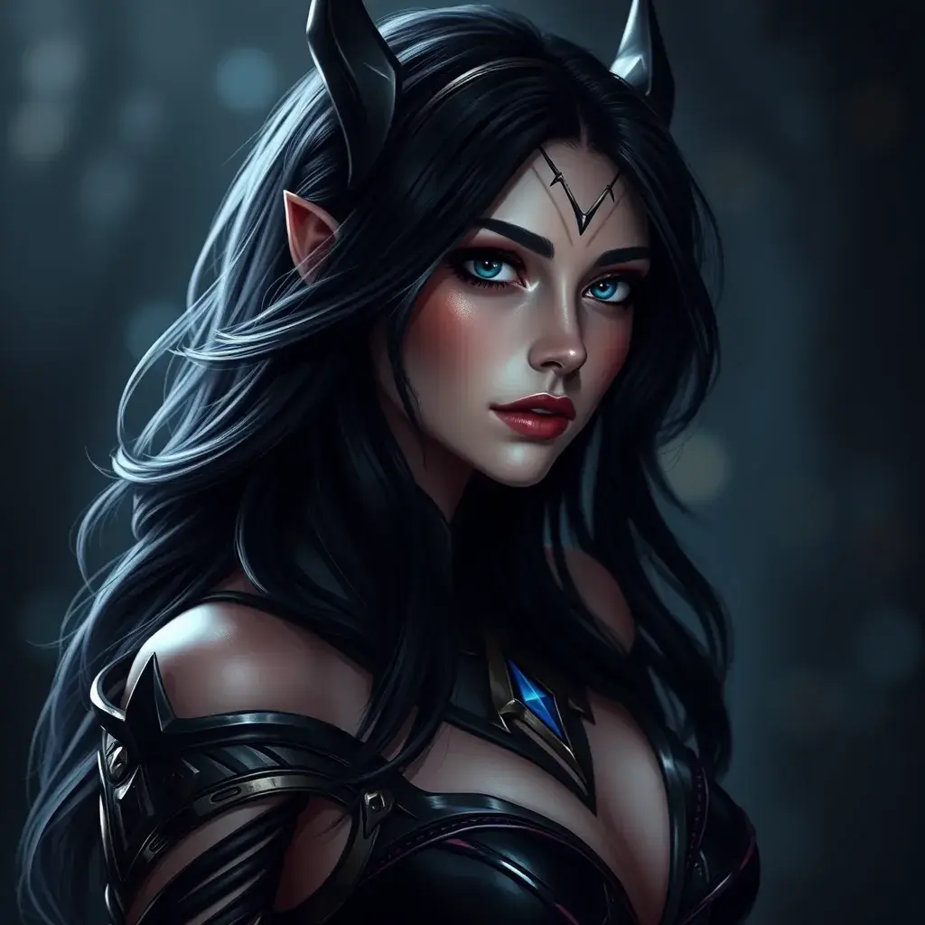 Alluring portrait of a beautiful Morgana from League of Legends in Black, Highly Detailed, Half Body, Bokeh effect, Photo Realistic by Stefan Kostic