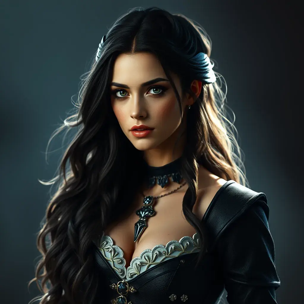 Alluring full body portrait of a beautiful Yennefer in Witcher 3 style in black, 8k, Highly Detailed, Intricate, Photo Realistic, Sharp Focus, Volumetric Lighting, Fantasy, Elegant