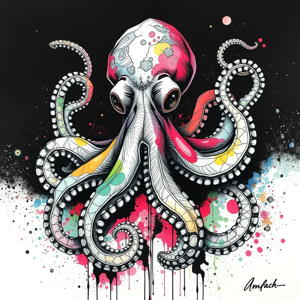 Octopus, Highly Detailed, Intricate, Color Splash, Ink Art, Fantasy, Dark