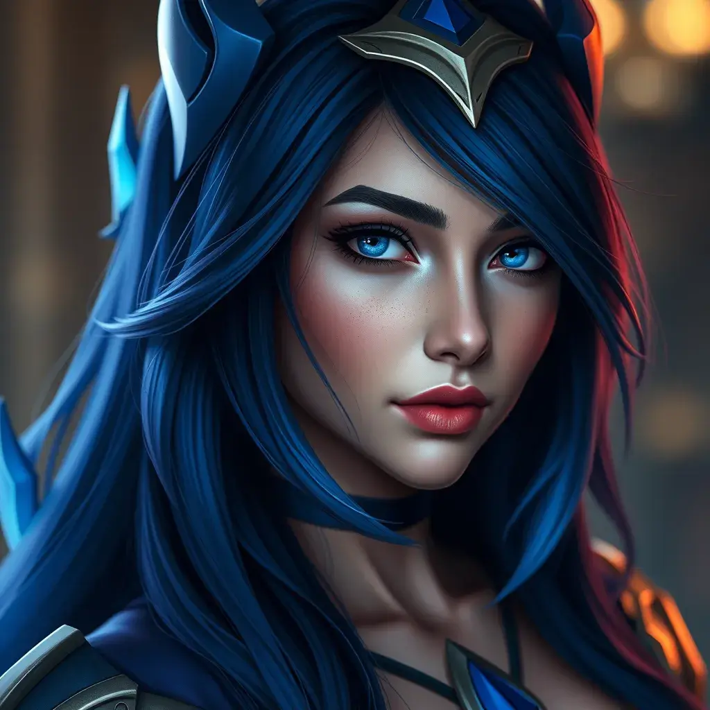 Alluring matte portrait of a beautiful Irelia from League of Legends in Blue, Highly Detailed, Full Body, Bokeh effect, Photo Realistic, Sharp Focus by Stefan Kostic