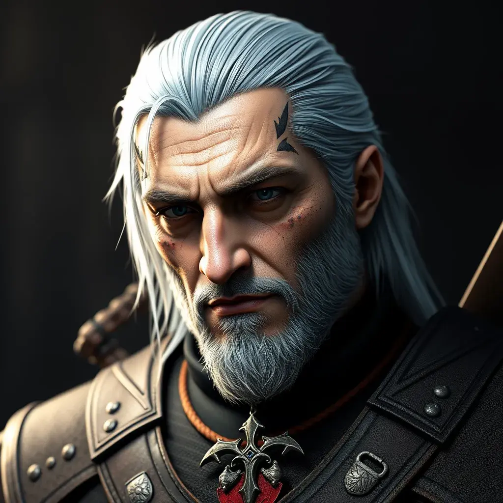 A full body matte portrait of a pleasant Geralt in The Witcher 3 style wearing the Witcher emblem and medallion, 4k, Highly Detailed, Beautiful, Cinematic Lighting, Sharp Focus, Volumetric Lighting, Closeup Portrait, Concept Art by Stefan Kostic