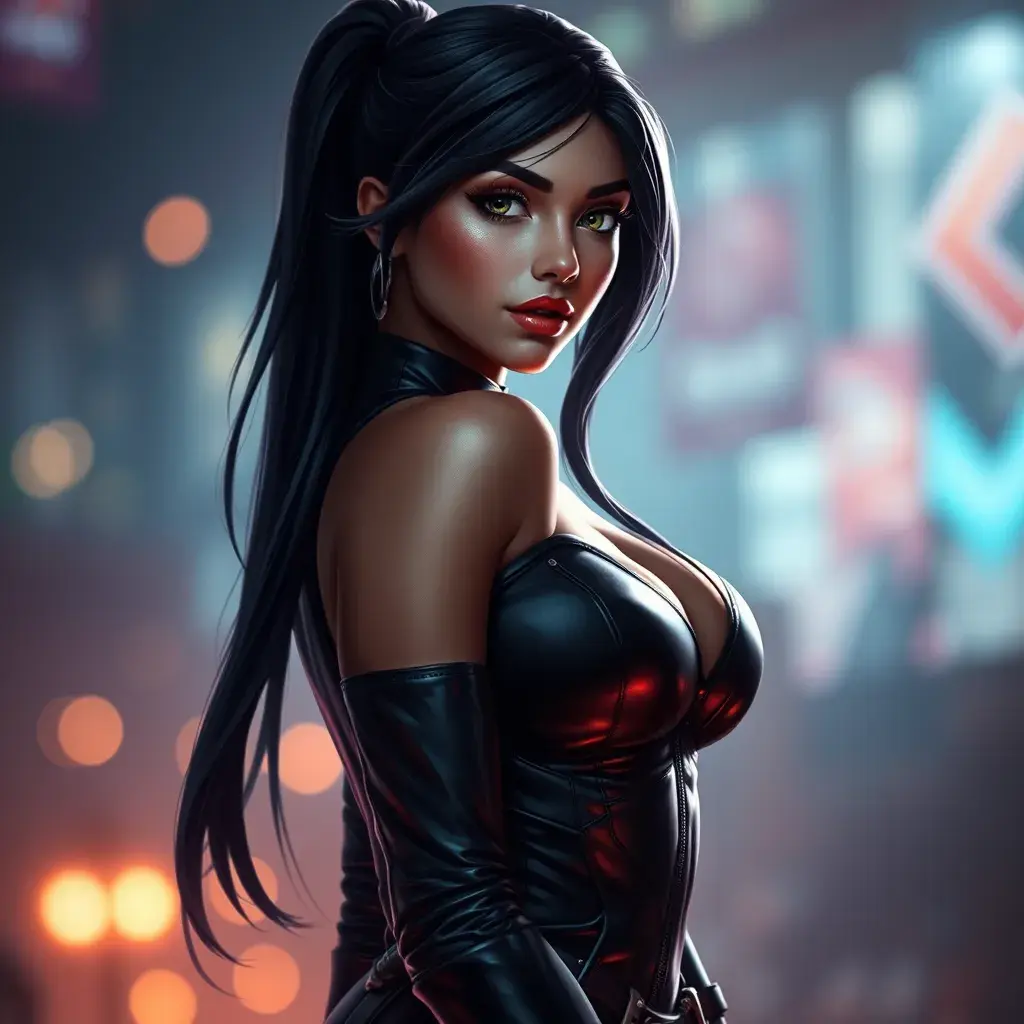 Alluring portrait of a beautiful Irelia from League of Legends in tight leather, Highly Detailed, Full Body, Bokeh effect, Photo Realistic, Sharp Focus by Stefan Kostic