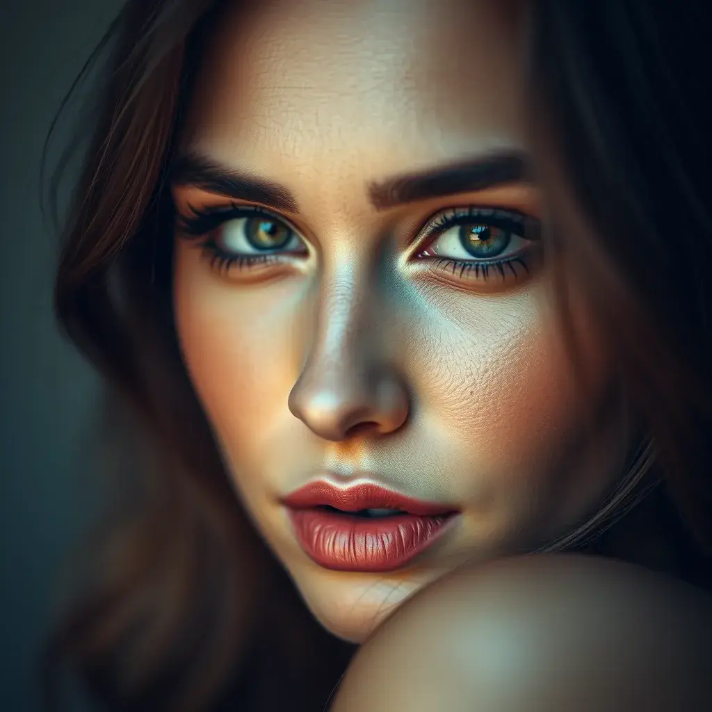 Close up matte portrait of a stunningly beautiful woman, Half Body, Bokeh effect, Photo Realistic, Volumetric Lighting