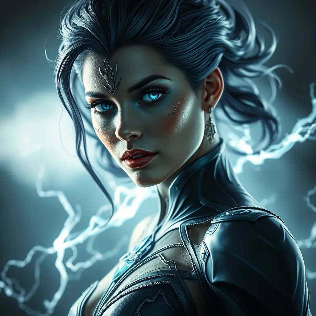 Alluring matte portrait of a beautiful Storm from Xmen in the style of Stefan Kostic, 8k, Highly Detailed, Intricate, Half Body, Realistic, Sharp Focus, Volumetric Lighting, Fantasy, Elegant by Stanley Artgerm Lau, Greg Rutkowski