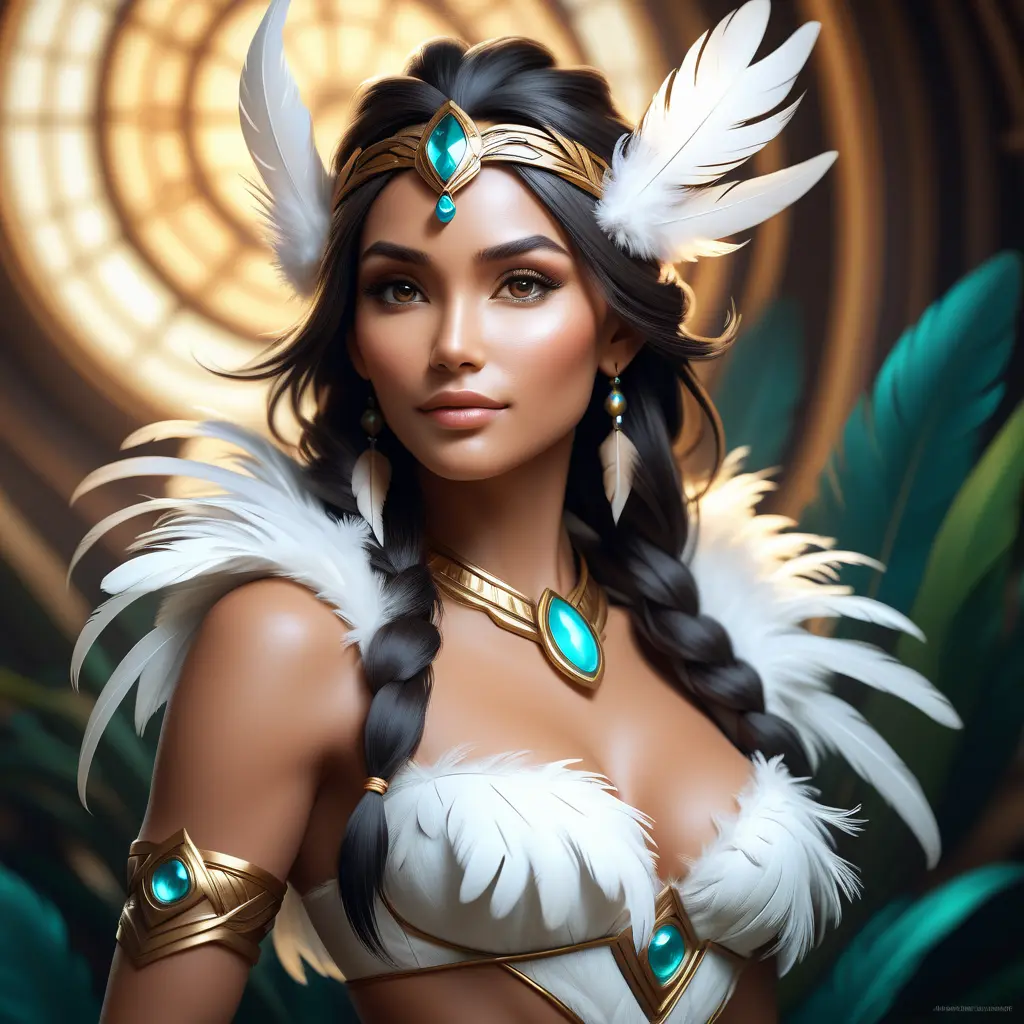 Alluring matte portrait of a beautiful Nidalee wearing feathers, 8k, Highly Detailed, Intricate, Half Body, Realistic, Sharp Focus, Volumetric Lighting, Fantasy, Elegant by Stanley Artgerm Lau, Alphonse Mucha, WLOP