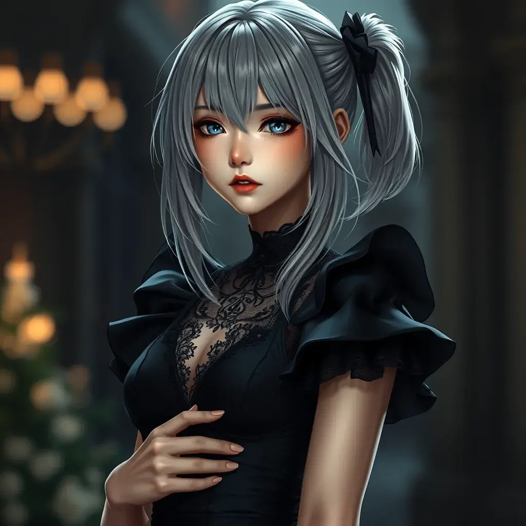 Alluring matte portrait of a beautiful ashen haired 2B from Nier Automata in a black dress, Highly Detailed, Full Body, Bokeh effect, Photo Realistic, Sharp Focus by Stanley Artgerm Lau