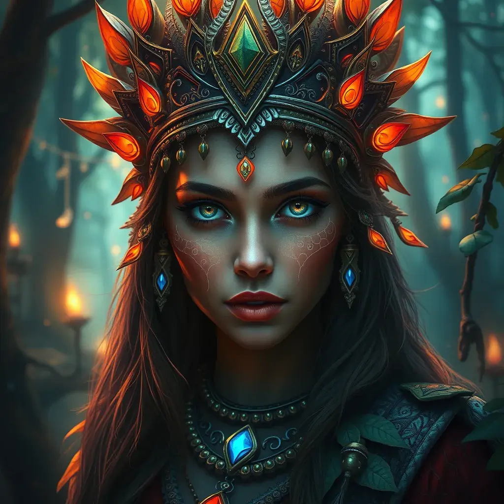 A beautiful tribal queen in a magical forest, 4k, Highly Detailed, Masterpiece, Pretty Face, Digital Illustration, Cinematic Lighting, Realistic, Sharp Focus, Centered, Beautifully Lit, Bioluminescent by Stanley Artgerm Lau, Alphonse Mucha, Greg Rutkowski, Stefan Kostic