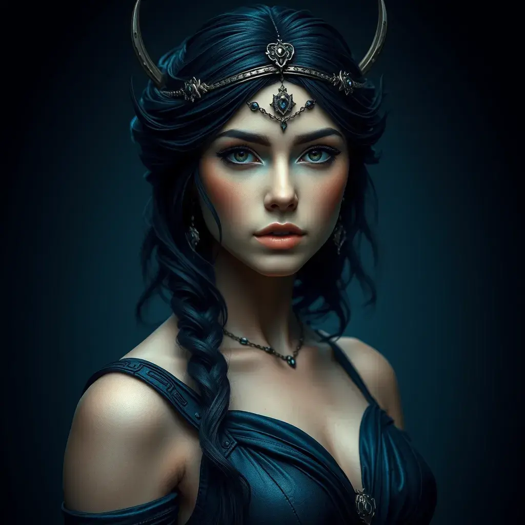 Matte portrait of the beautiful Artemis in dark blue, Highly Detailed, Intricate, Realistic, Sharp Focus, Volumetric Lighting, Fantasy, Elegant