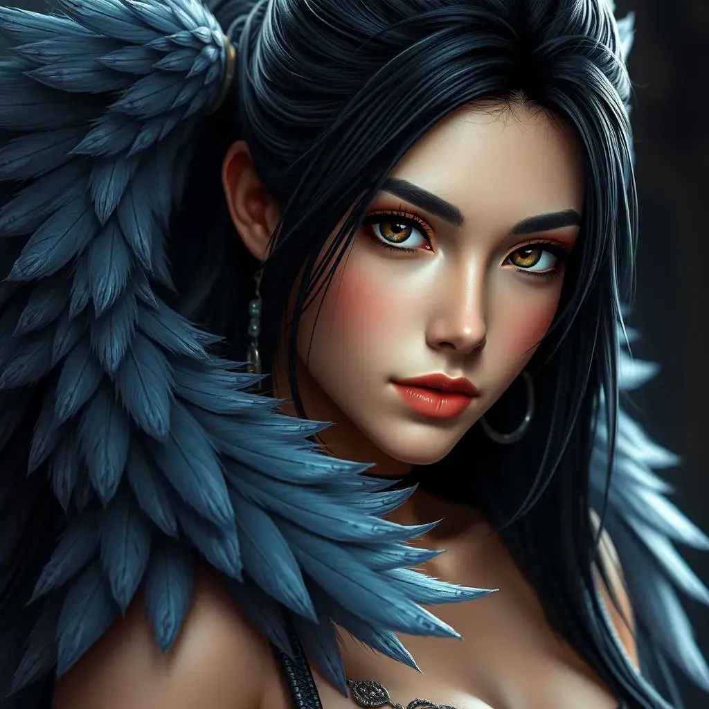 Matte portrait of the beautiful Tifa Lockhart with feathers, Highly Detailed, Intricate, Realistic, Sharp Focus, Volumetric Lighting, Fantasy, Elegant