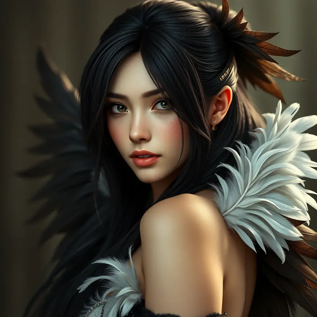 Alluring matte portrait of a beautiful Tifa Lockhart wearing feathers, 8k, Highly Detailed, Intricate, Half Body, Realistic, Sharp Focus, Volumetric Lighting, Fantasy, Elegant by Stanley Artgerm Lau, Alphonse Mucha, WLOP