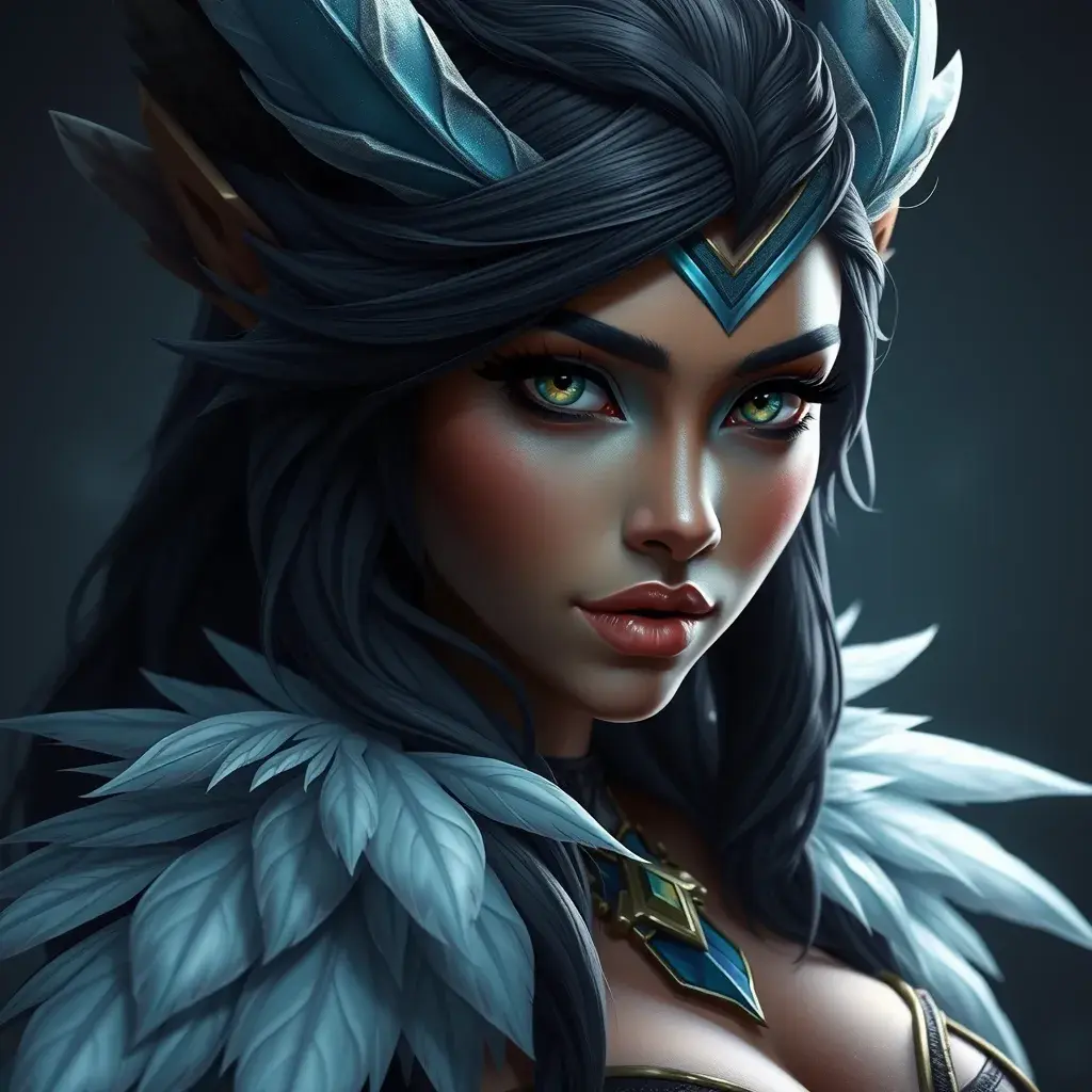 Matte portrait of the beautiful Nidalee from league of legends with feathers, Highly Detailed, Intricate, Realistic, Sharp Focus, Volumetric Lighting, Fantasy, Elegant