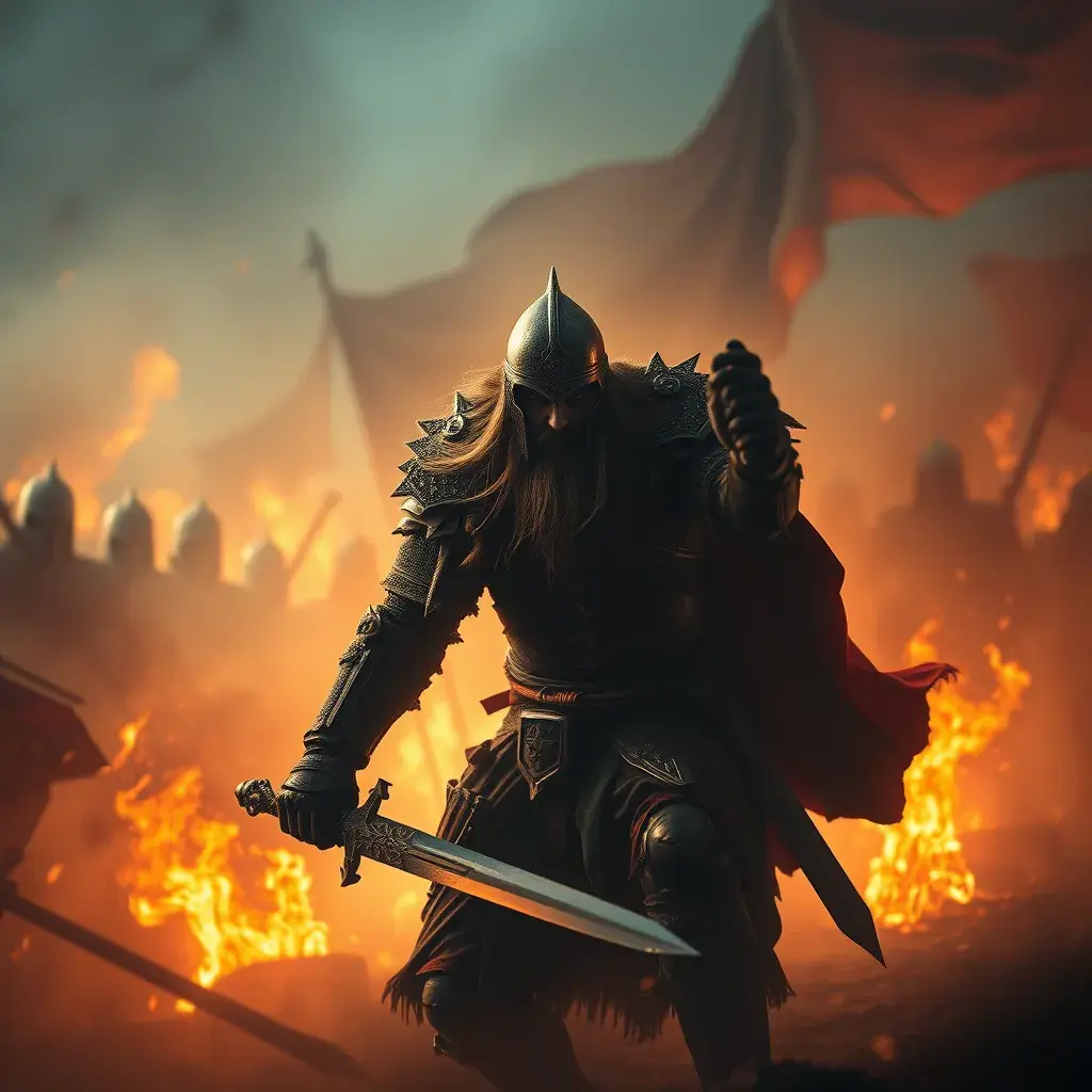 Strong medieval warrior emerging from the fog of war in a firey battle, Gothic and Fantasy, Sharp Focus, Volumetric Lighting by Stefan Kostic