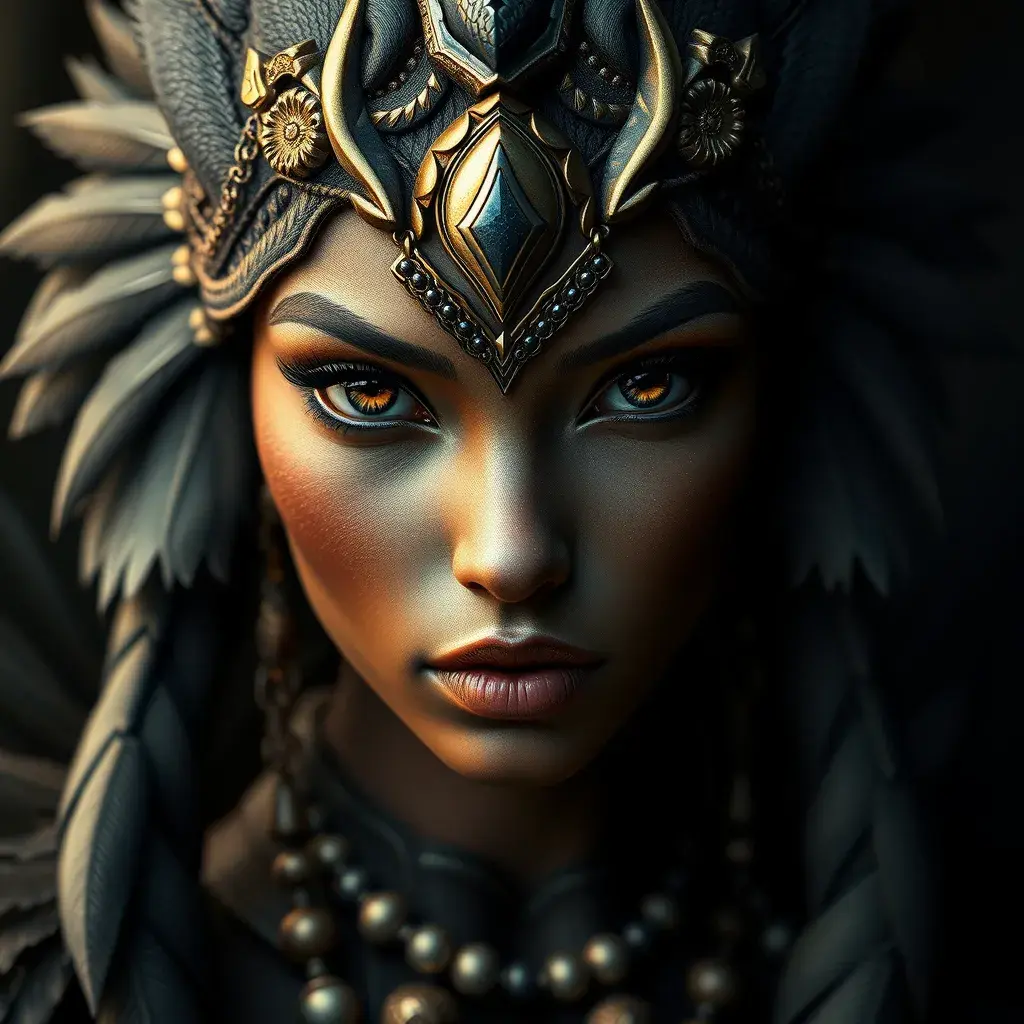 Matte portrait of the beautiful Nidalee with feathers, Highly Detailed, Intricate, Realistic, Sharp Focus, Volumetric Lighting, Fantasy, Elegant