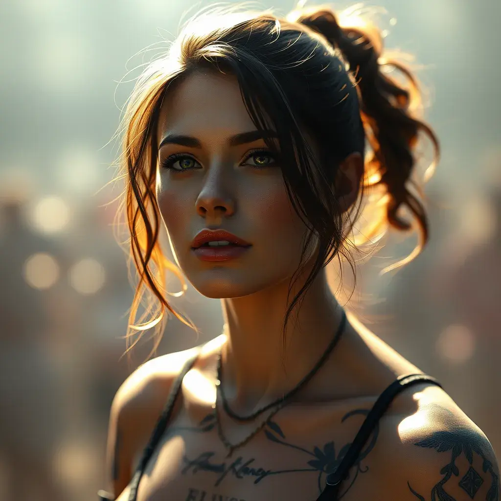 Portrait of Laura Kinney with tattoos, 8k, Highly Detailed, Artstation, Bokeh effect, Sharp Focus, Volumetric Lighting, Concept Art by Stanley Artgerm Lau, Greg Rutkowski