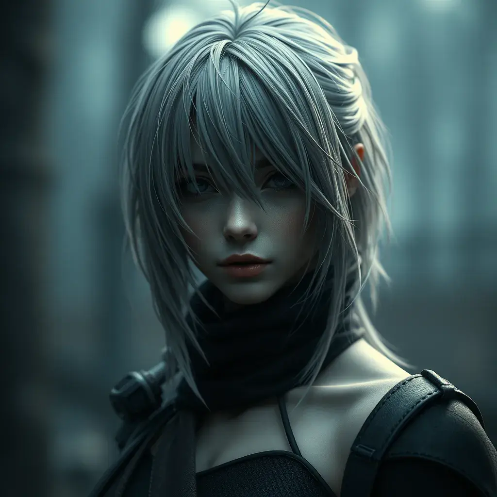 Alluring matte portrait of a beautiful ashen haired A2 from Nier Automata in the style of Stefan Kostic in black, Highly Detailed, Full Body, Bokeh effect, Photo Realistic, Sharp Focus by Stanley Artgerm Lau