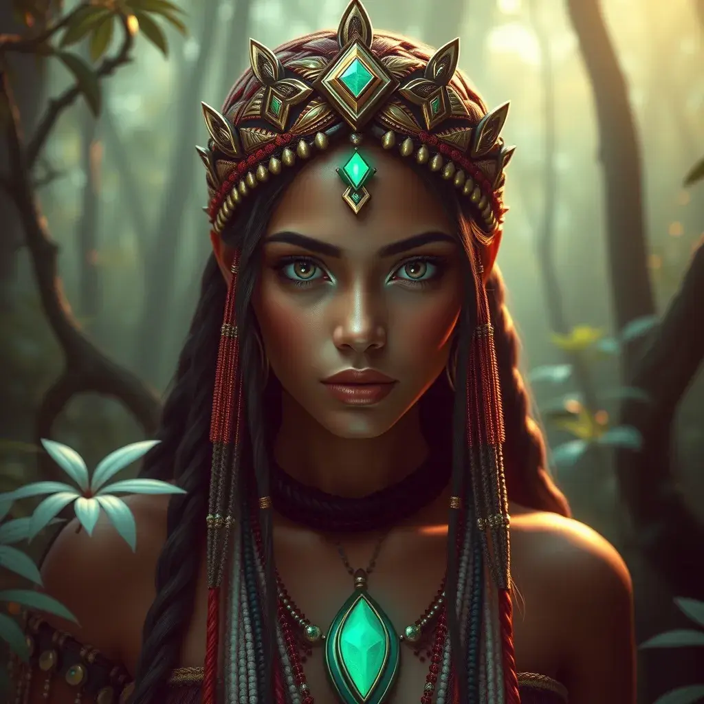 Matte portrait of a beautiful tribal queen in a magical forest, 4k, Highly Detailed, Masterpiece, Pretty Face, Digital Illustration, Cinematic Lighting, Realistic, Sharp Focus, Centered, Beautifully Lit, Bioluminescent by Stanley Artgerm Lau