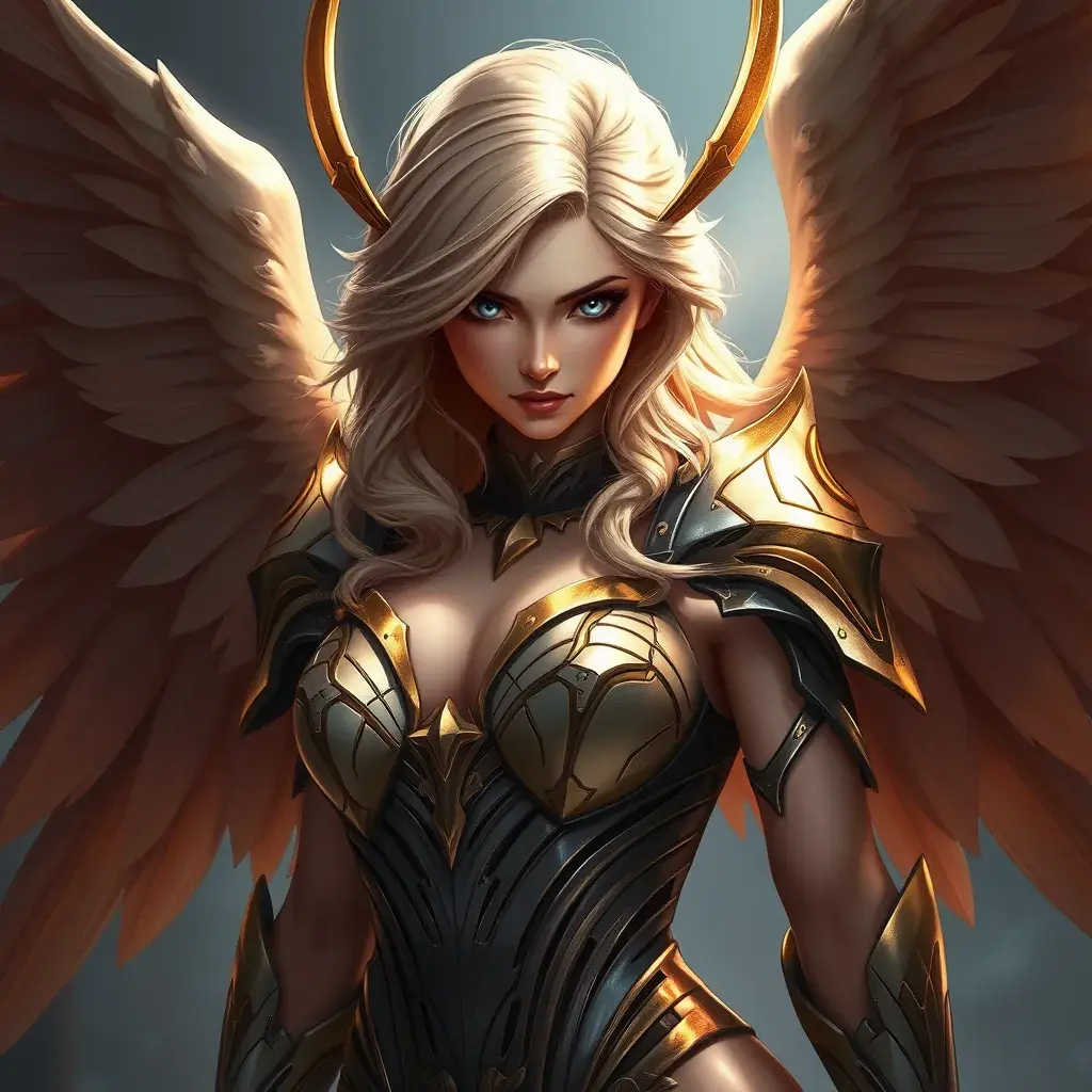 Alluring portrait of a beautiful winged Kayle from League of Legends, Highly Detailed, Half Body, Sharp Focus, Fantasy