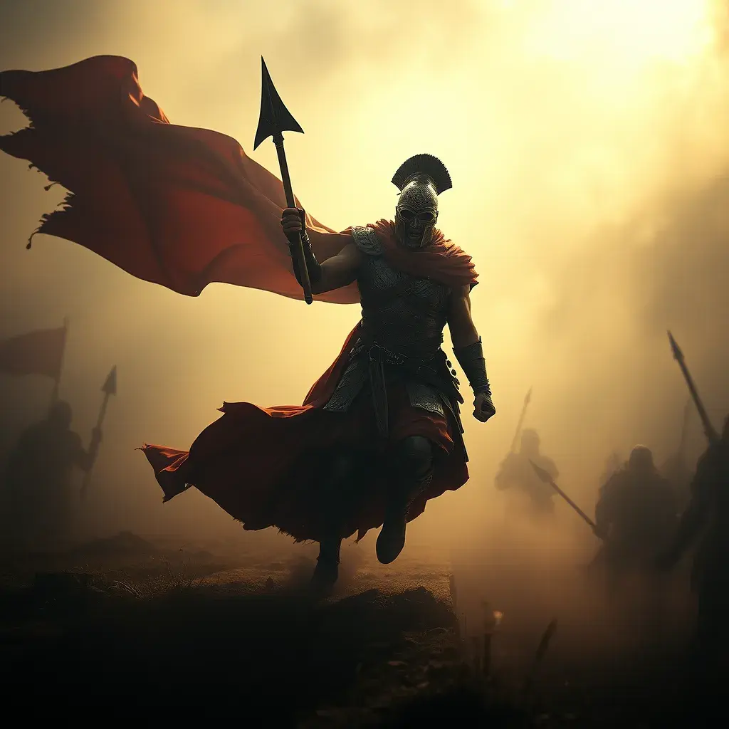 A strong Achilles emerging from a fog of war, Gothic and Fantasy, Sharp Focus, Volumetric Lighting by Stefan Kostic