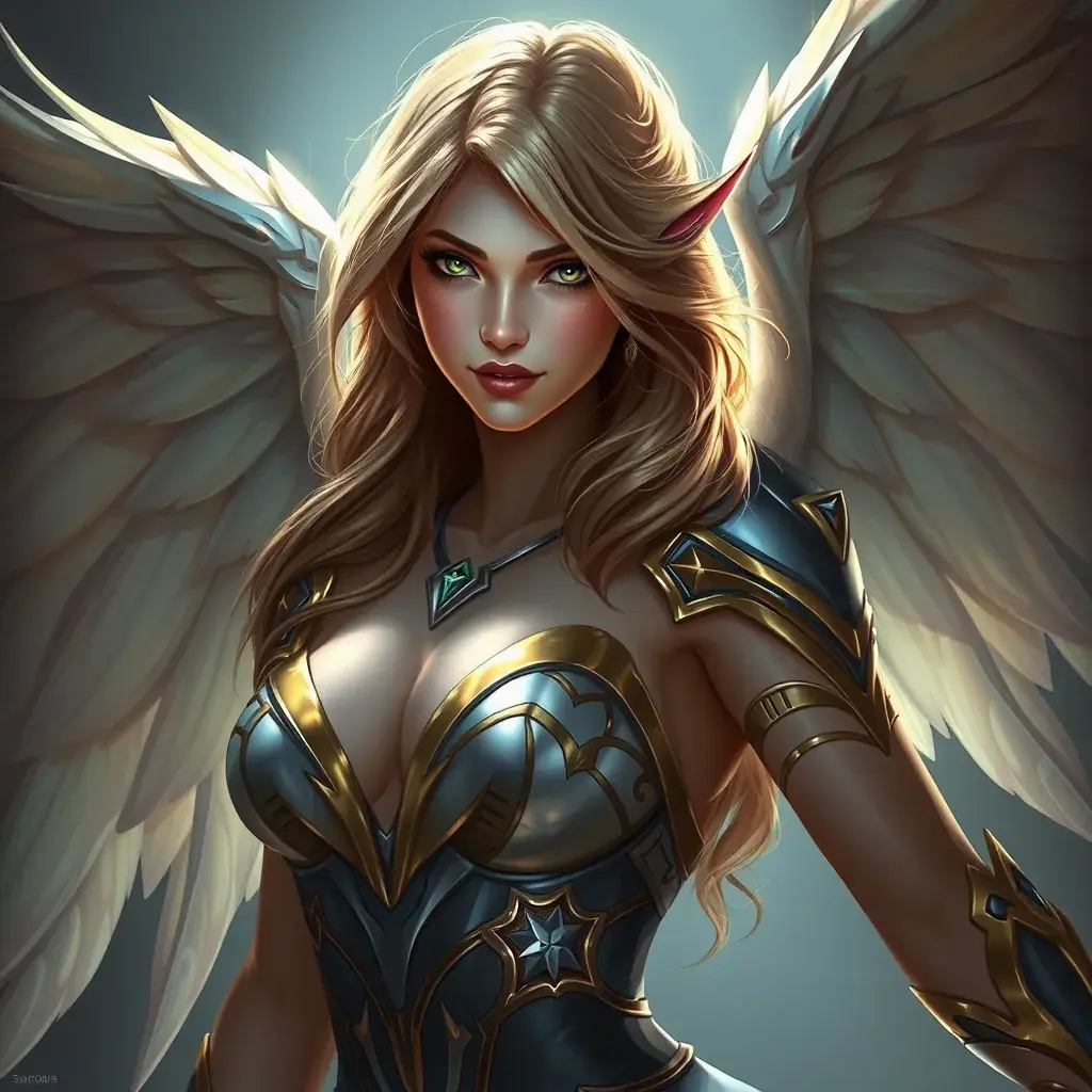 Alluring portrait of a beautiful winged Kayle from League of Legends, Highly Detailed, Half Body, Sharp Focus, Fantasy by Stanley Artgerm Lau, Alphonse Mucha, WLOP