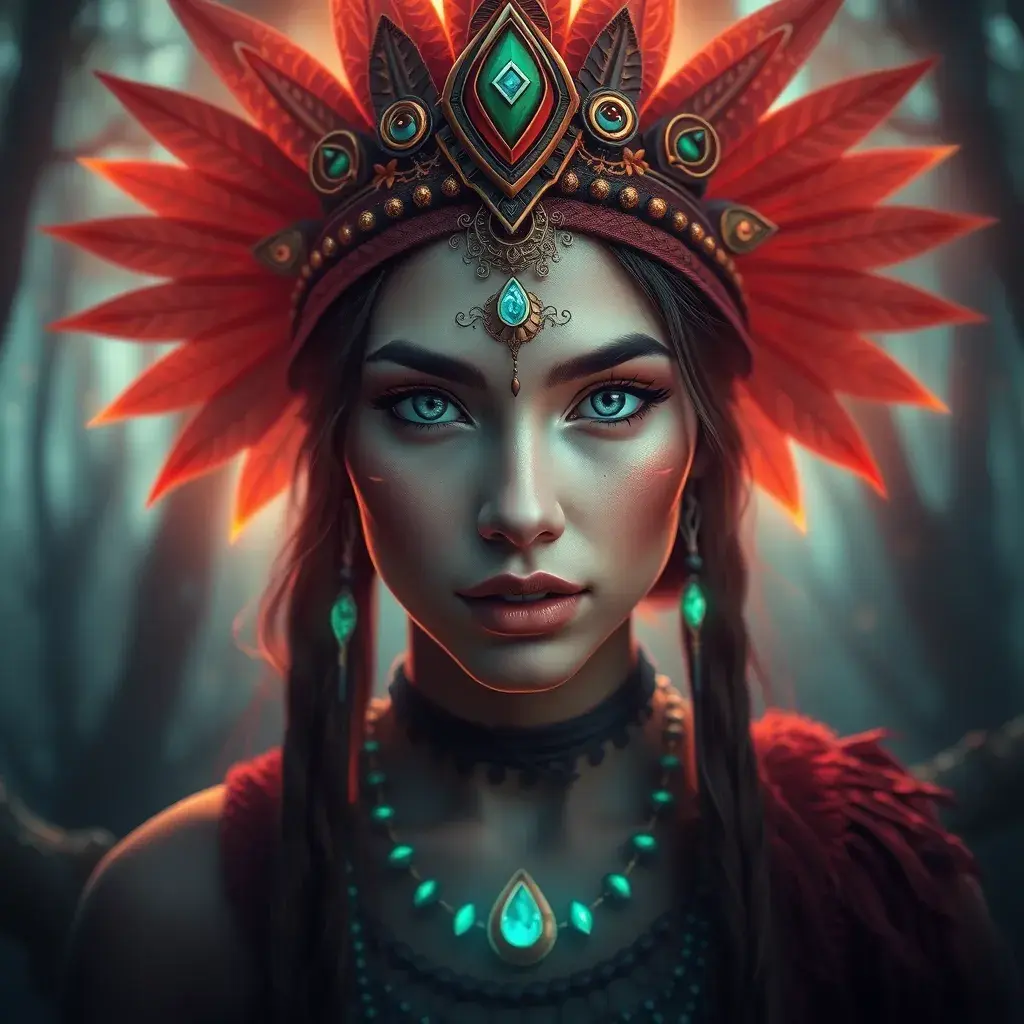 A beautiful tribal queen in a magical forest, Highly Detailed, Masterpiece, Pretty Face, Digital Illustration, Cinematic Lighting, Realistic, Sharp Focus, Centered, Beautifully Lit, Bioluminescent