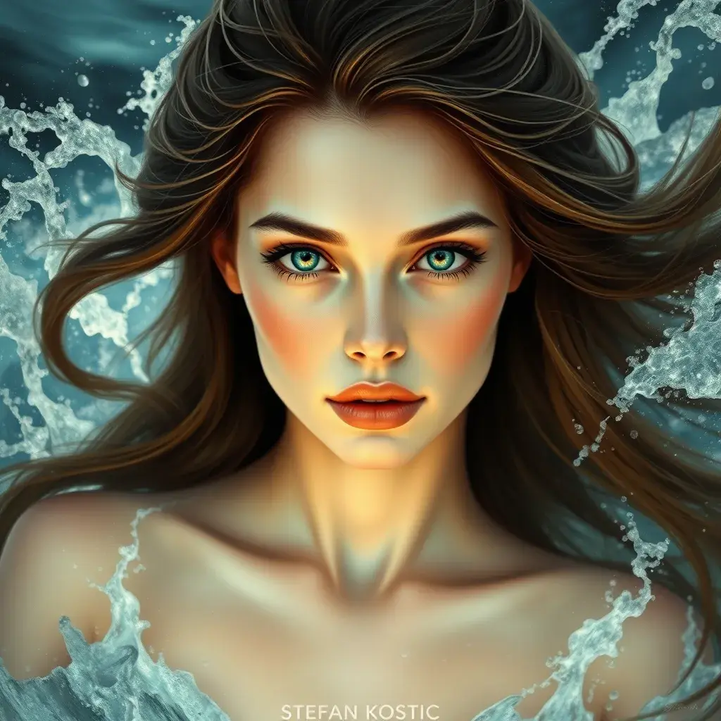 "magical ocean goddess", water, spray, waves, flowing hair, head and shoulders portrait, finely drawn eyes, 8k, Photo Realistic, Fantasy by Stefan Kostic