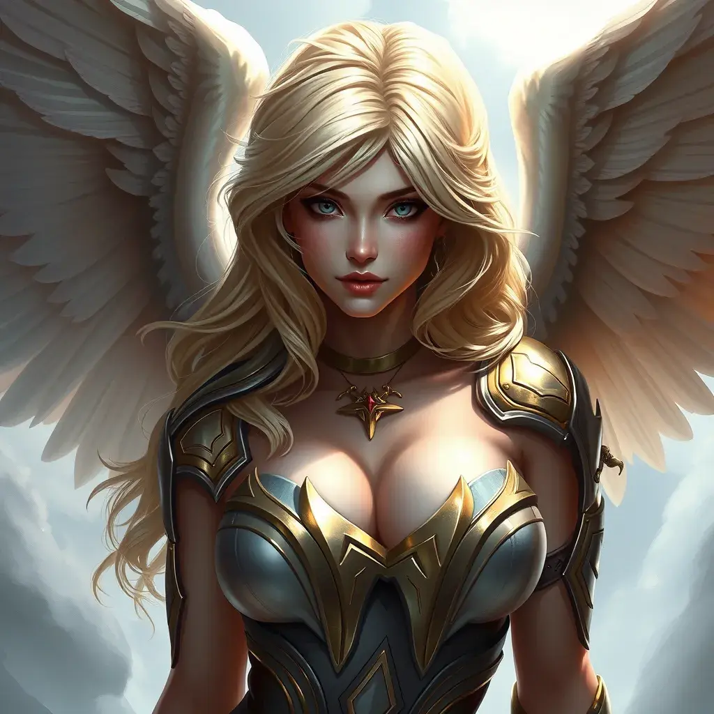 Alluring portrait of a beautiful winged Kayle from League of Legends, Highly Detailed, Half Body, Sharp Focus, Fantasy by Stanley Artgerm Lau, Alphonse Mucha, WLOP