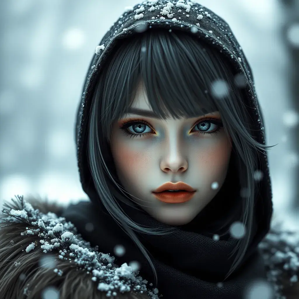 Alluring matte portrait of a beautiful ashen haired 2B from Nier Automata in the style of Stefan Kostic in black, Highly Detailed, Full Body, Snow, Bokeh effect, Photo Realistic, Sharp Focus by Stanley Artgerm Lau