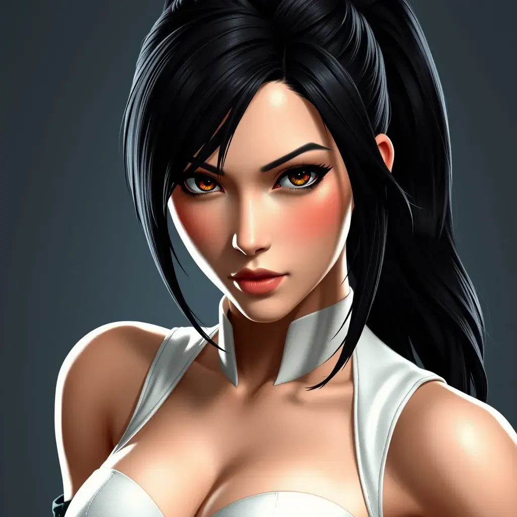 Matte portrait of a fierce Tifa Lockhart from final fantasy in white, Highly Detailed, Half Body, Beautiful, Sharp Focus, Elegant