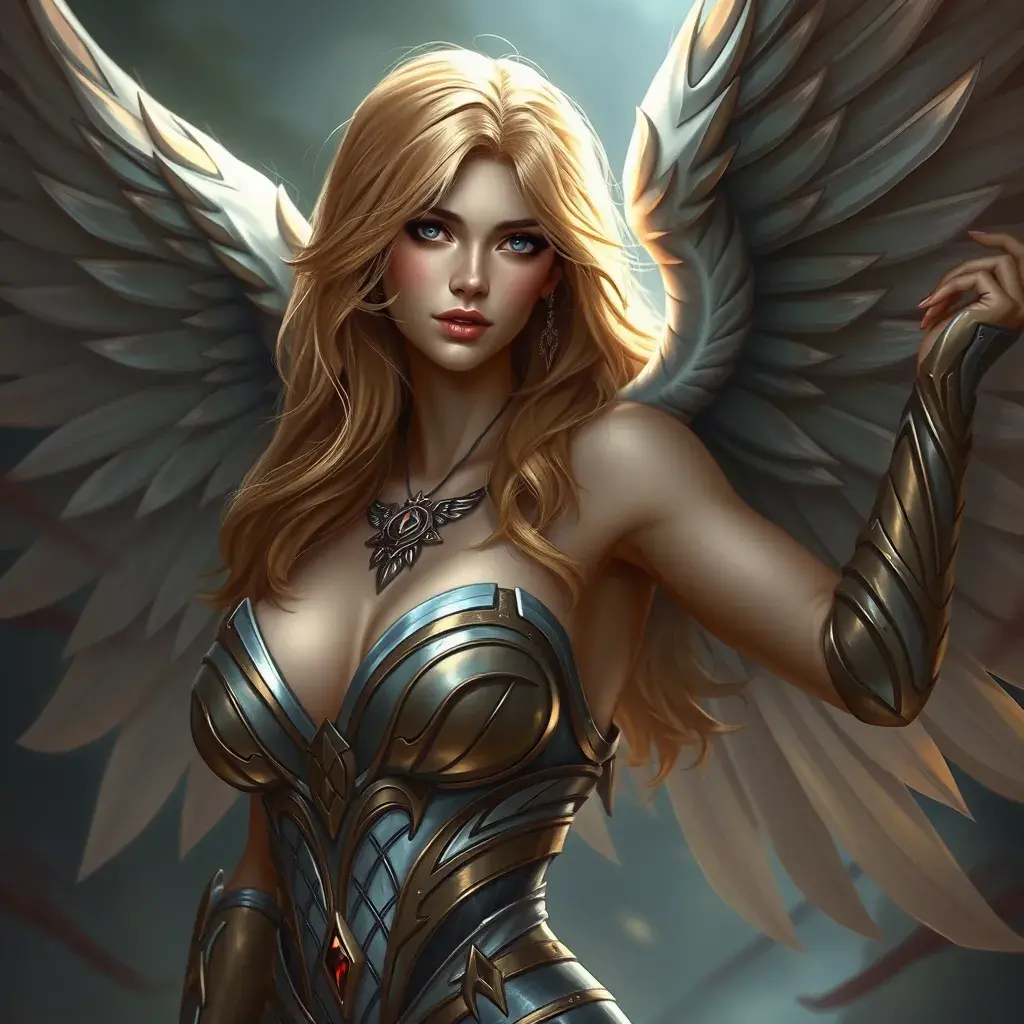 Alluring portrait of a beautiful winged Kayle from League of Legends, Highly Detailed, Half Body, Sharp Focus, Fantasy by Stanley Artgerm Lau, Alphonse Mucha, WLOP