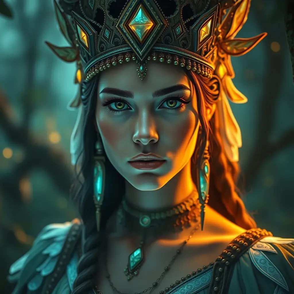 A beautiful tribal queen in a magical forest, 4k, Highly Detailed, Masterpiece, Pretty Face, Digital Illustration, Cinematic Lighting, Realistic, Sharp Focus, Centered, Beautifully Lit, Bioluminescent by Stanley Artgerm Lau, Alphonse Mucha, Greg Rutkowski, Stefan Kostic