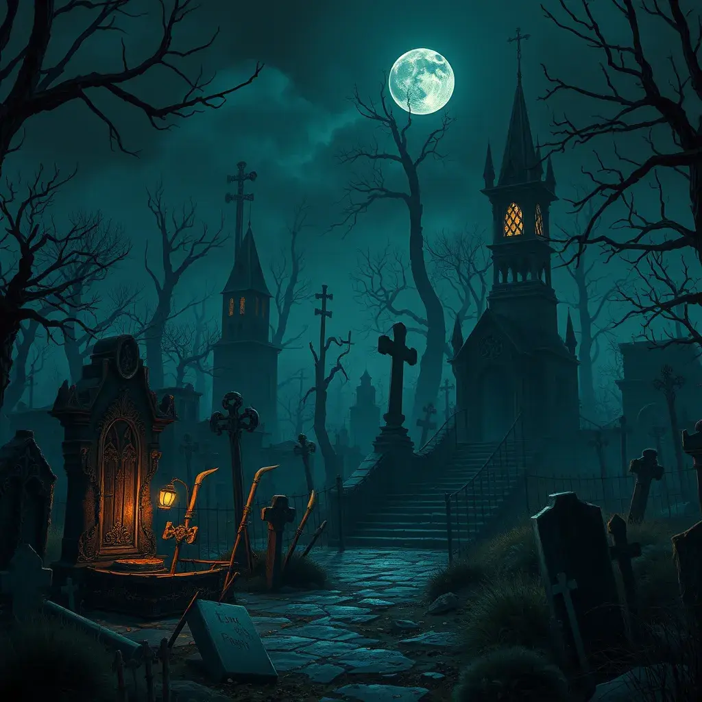 Hyper Detailed illustration of an eerie dystopian graveyard at night, 8k, Gothic and Fantasy, Horror, Epic, Sharp Focus, Deviantart by Alena Aenami, Studio Ghibli