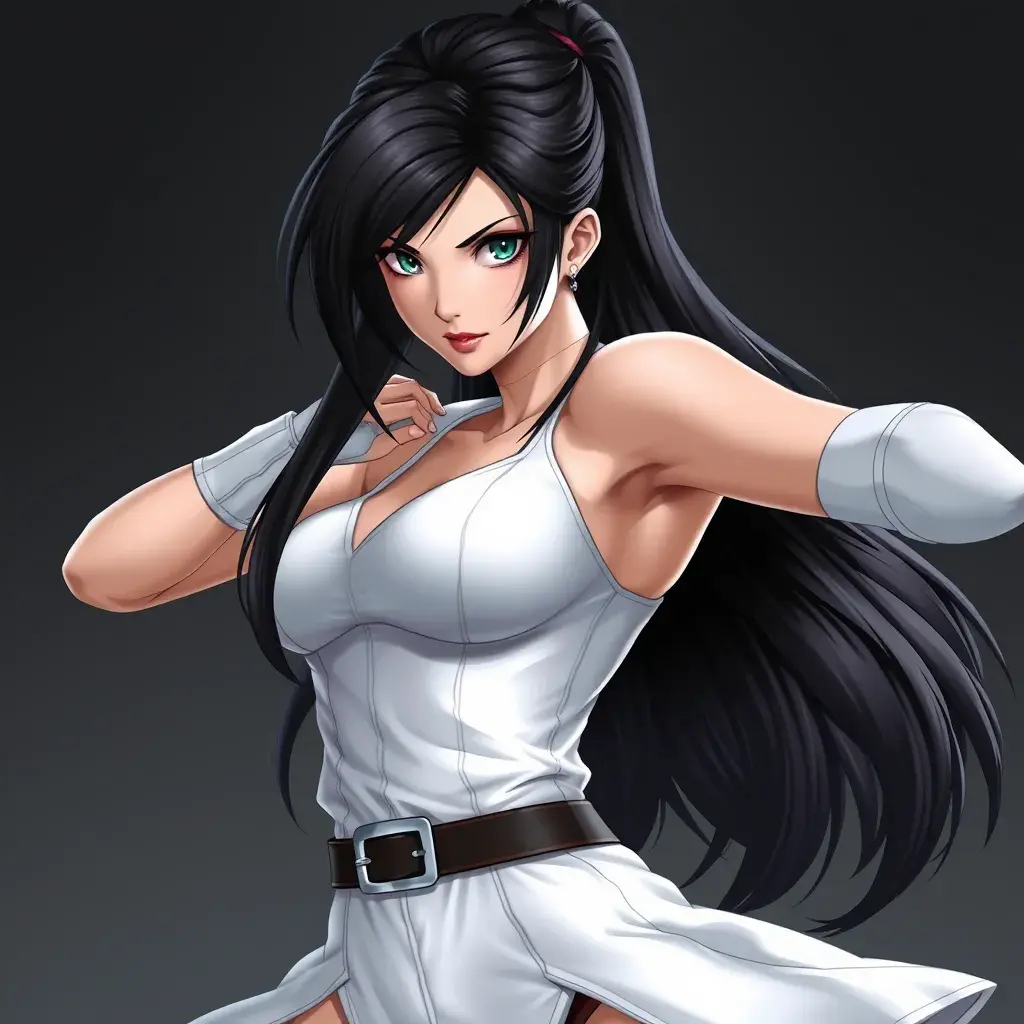 A fierce Tifa Lockhart from final fantasy in white, Highly Detailed, Half Body, Beautiful, Sharp Focus, Elegant