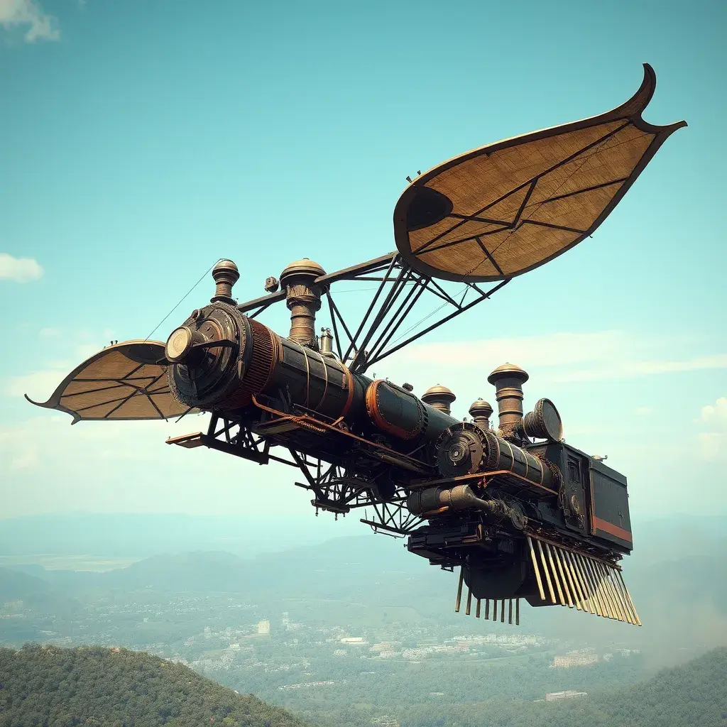 A futuristic hybrid of a steam engine train and a DaVinci flying machine, Steampunk