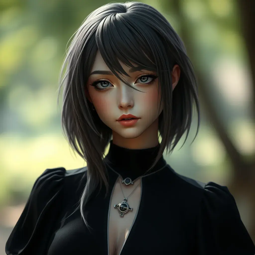 Matte portrait of a ashen haired A2 from Nier Automata in a black dress, Highly Detailed, Full Body, Bokeh effect, Photo Realistic, Sharp Focus by Stefan Kostic