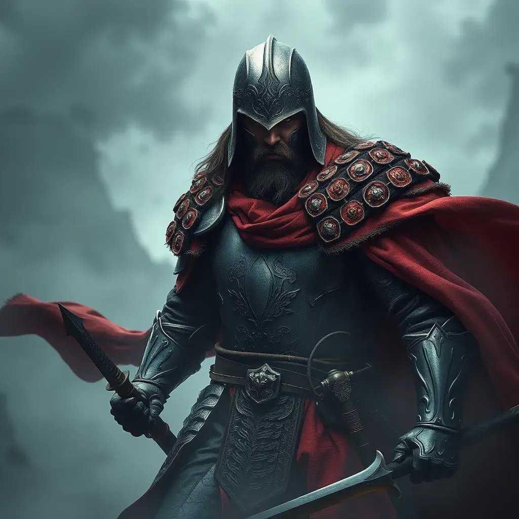 A strong medieval warrior emerging from the fog of war, Highly Detailed, Realistic, Sharp Focus, Volumetric Lighting, Fantasy, Elegant