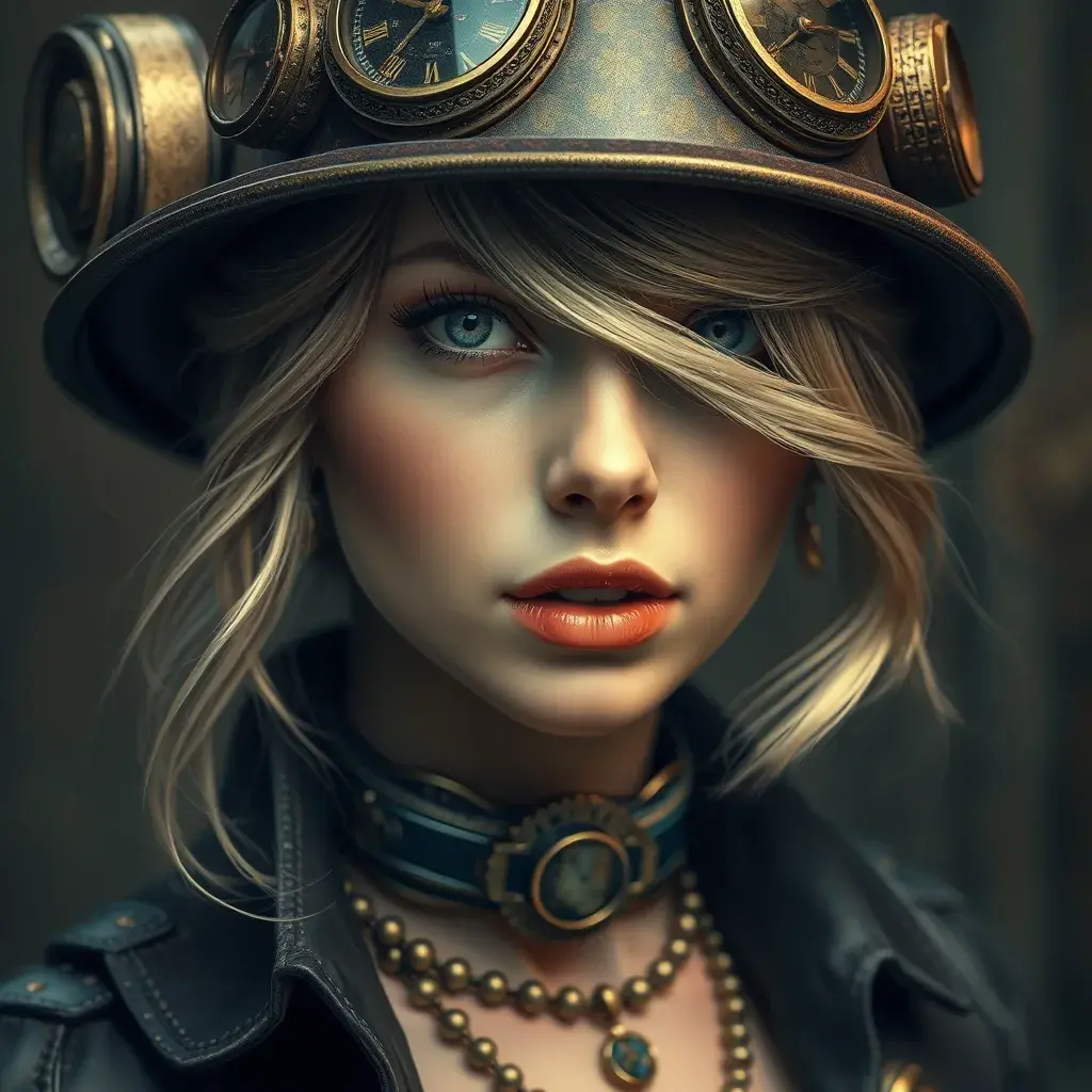 Steampunk portrait of Tayor Swift, Highly Detailed, Beautiful, Photo Realistic, Sharp Focus, Elegant