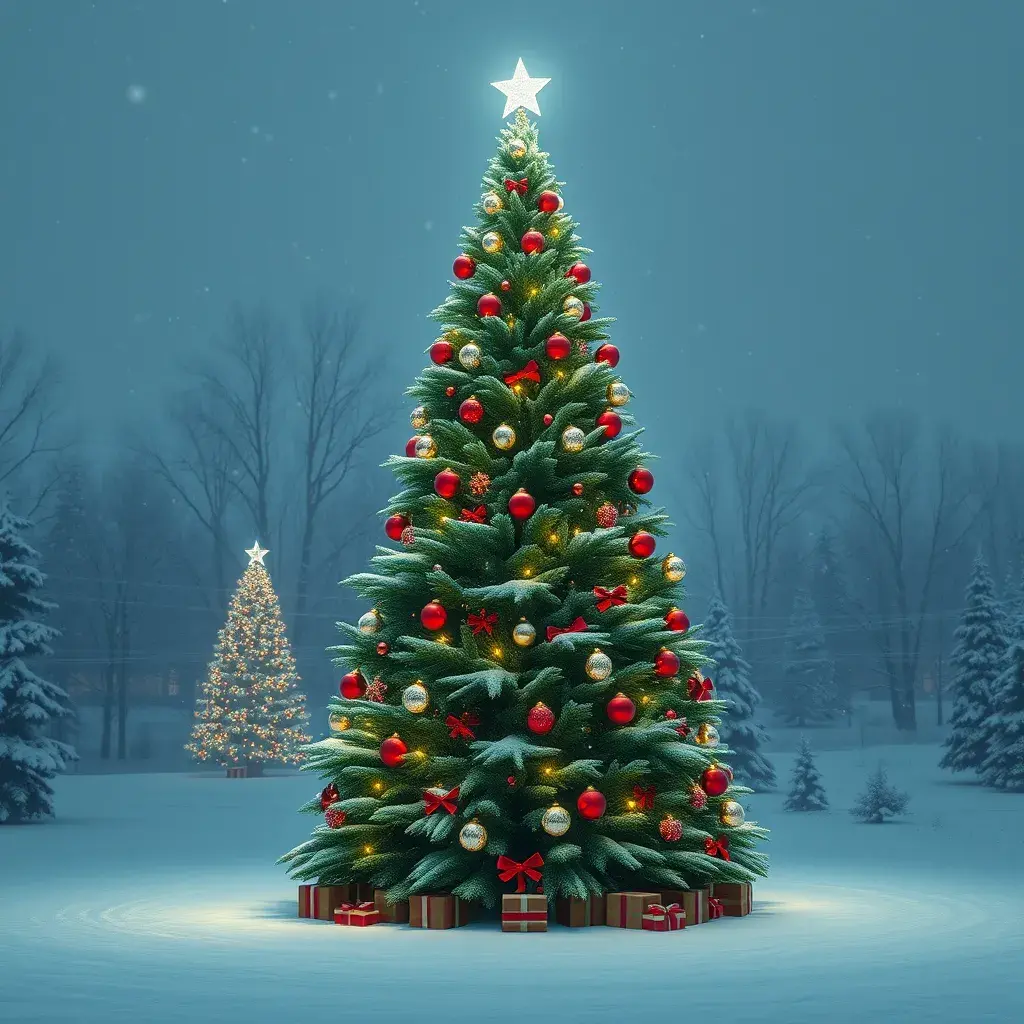 A large green christamas tree in snow lit full of christmas decorations, 8k, Highly Detailed, Digital Painting, Photo Realistic, Sharp Focus, Octane Render, Unreal Engine, Volumetric Lighting