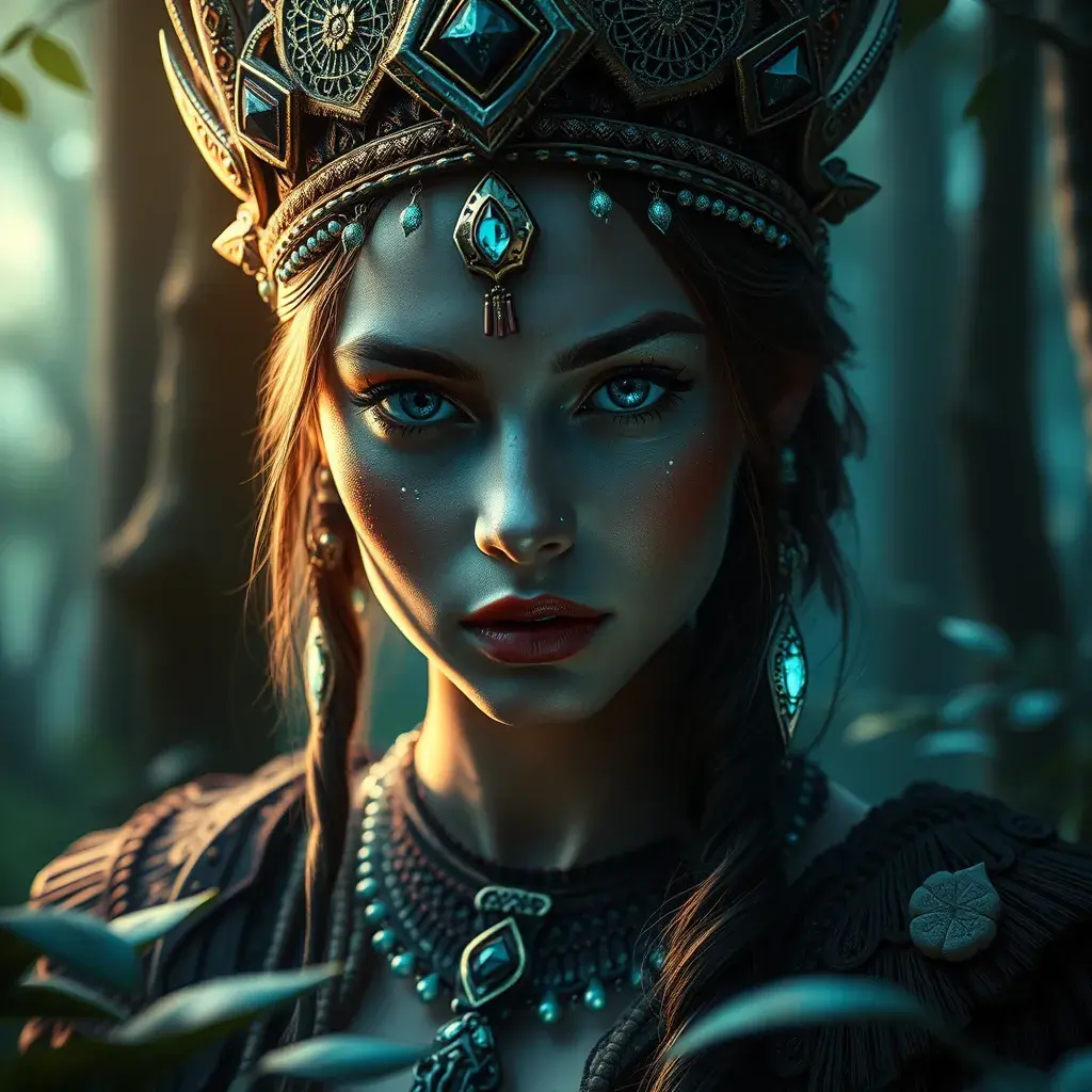 A beautiful tribal queen in a magical forest, Highly Detailed, Masterpiece, Pretty Face, Digital Illustration, Cinematic Lighting, Realistic, Sharp Focus, Centered, Beautifully Lit, Bioluminescent by Stefan Kostic