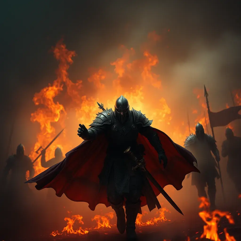 Strong warrior emerging from a firey fog of war, Gothic and Fantasy, Sharp Focus, Volumetric Lighting by Stefan Kostic