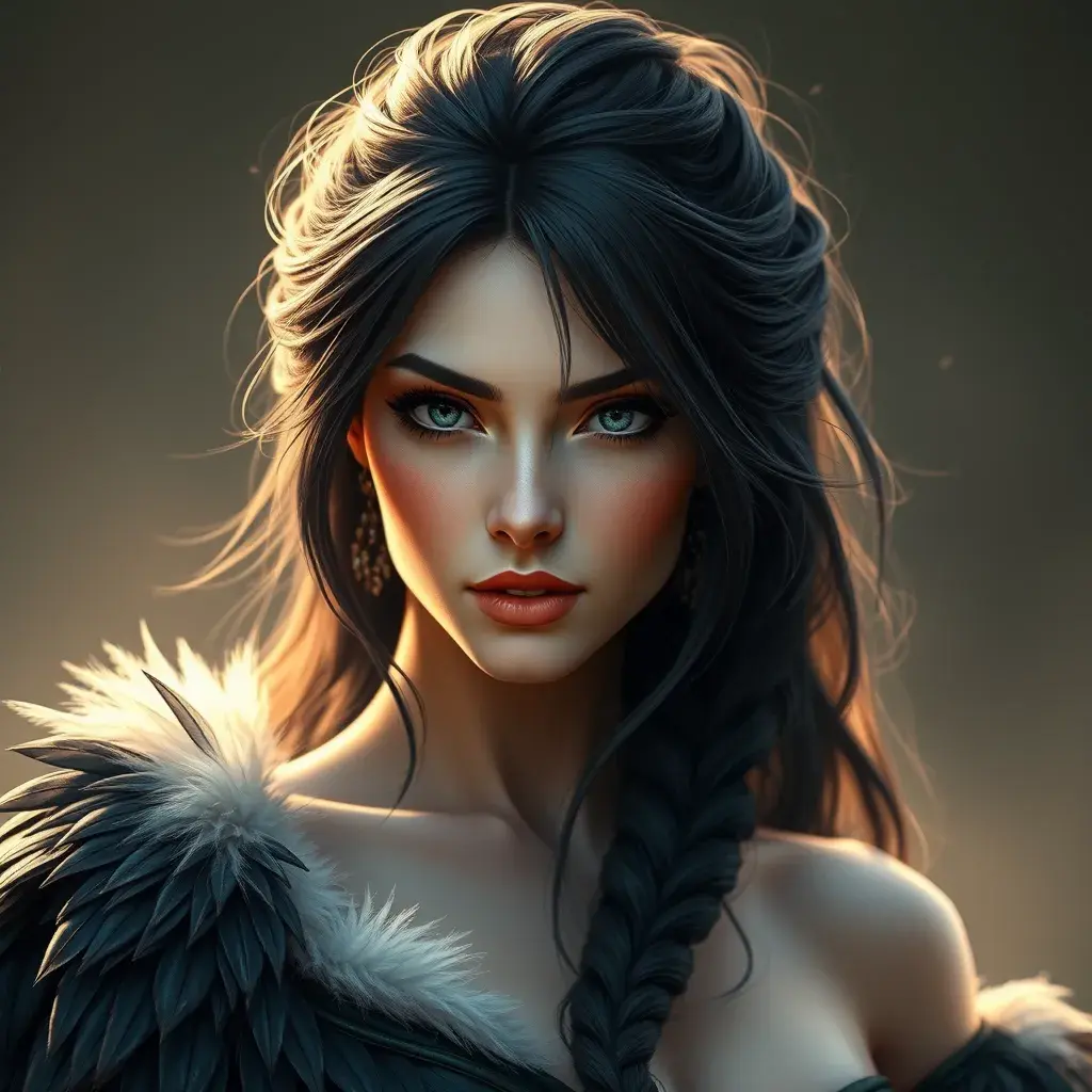 Matte portrait of the beautiful Yennefer with feathers, Highly Detailed, Intricate, Realistic, Sharp Focus, Volumetric Lighting, Fantasy, Elegant