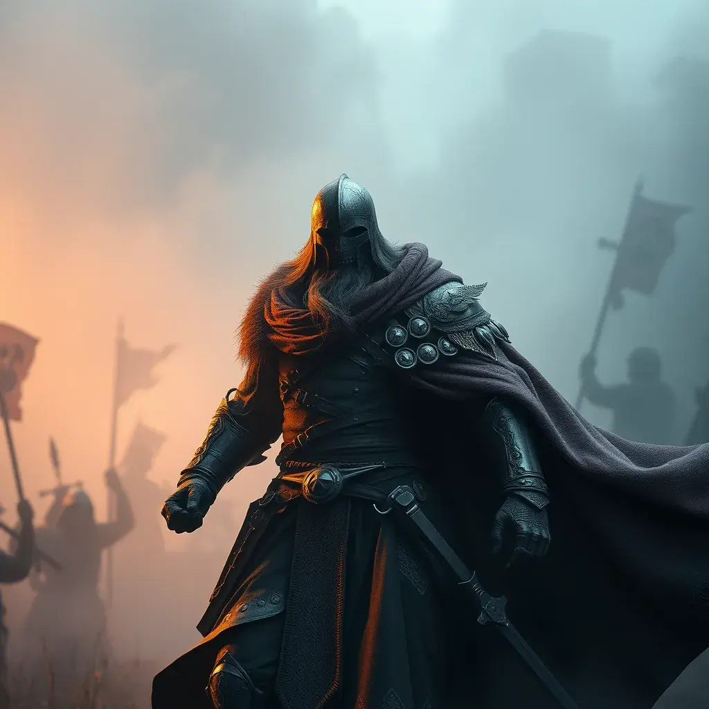 A strong medieval warrior emerging from the fog of war, Highly Detailed, Gothic and Fantasy, Sharp Focus, Volumetric Lighting, Fantasy, Elegant