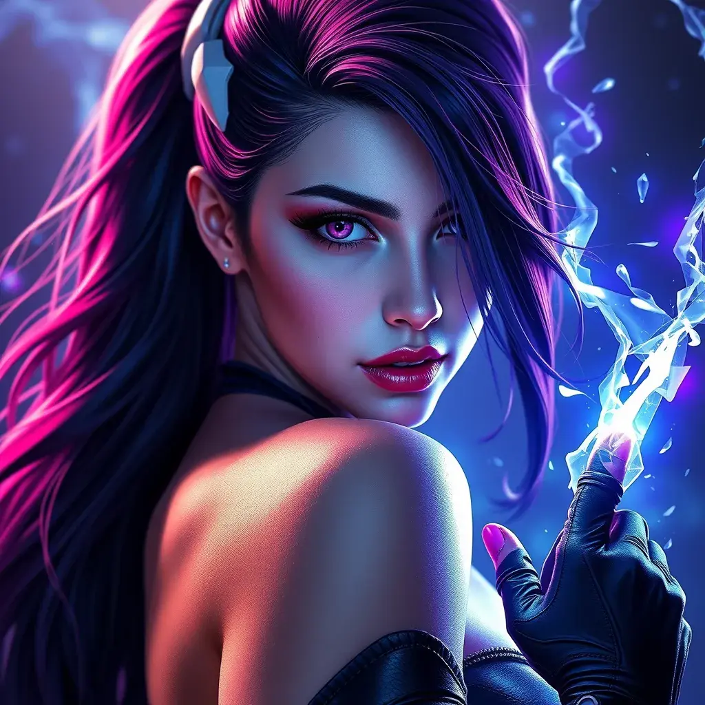 Alluring matte portrait of a beautiful Psylocke from Xmen in the style of Stefan Kostic, 8k, Highly Detailed, Intricate, Half Body, Realistic, Sharp Focus, Volumetric Lighting, Fantasy, Elegant by Stanley Artgerm Lau