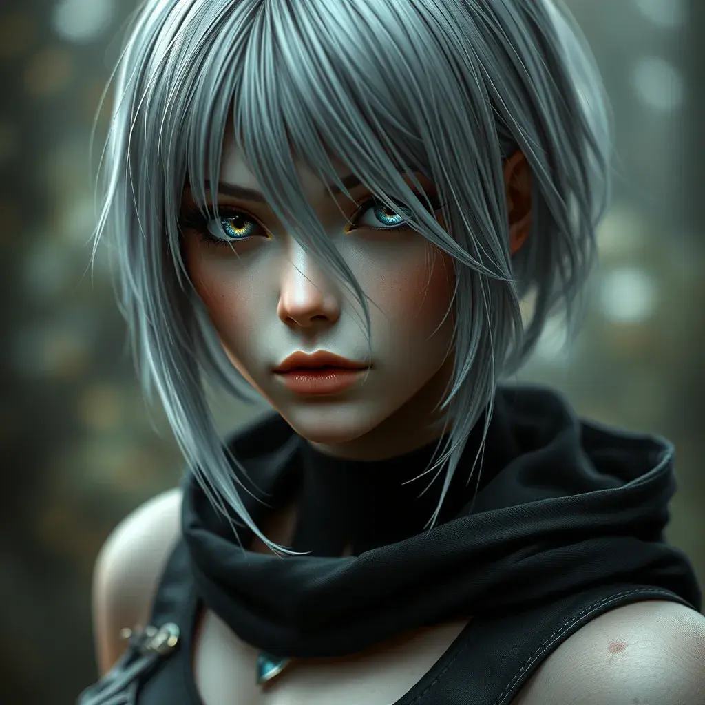 Alluring portrait of a beautiful ashen haired 2B from Nier Automata in the style of Stefan Kostic, Highly Detailed, Full Body, Bokeh effect, Photo Realistic, Sharp Focus