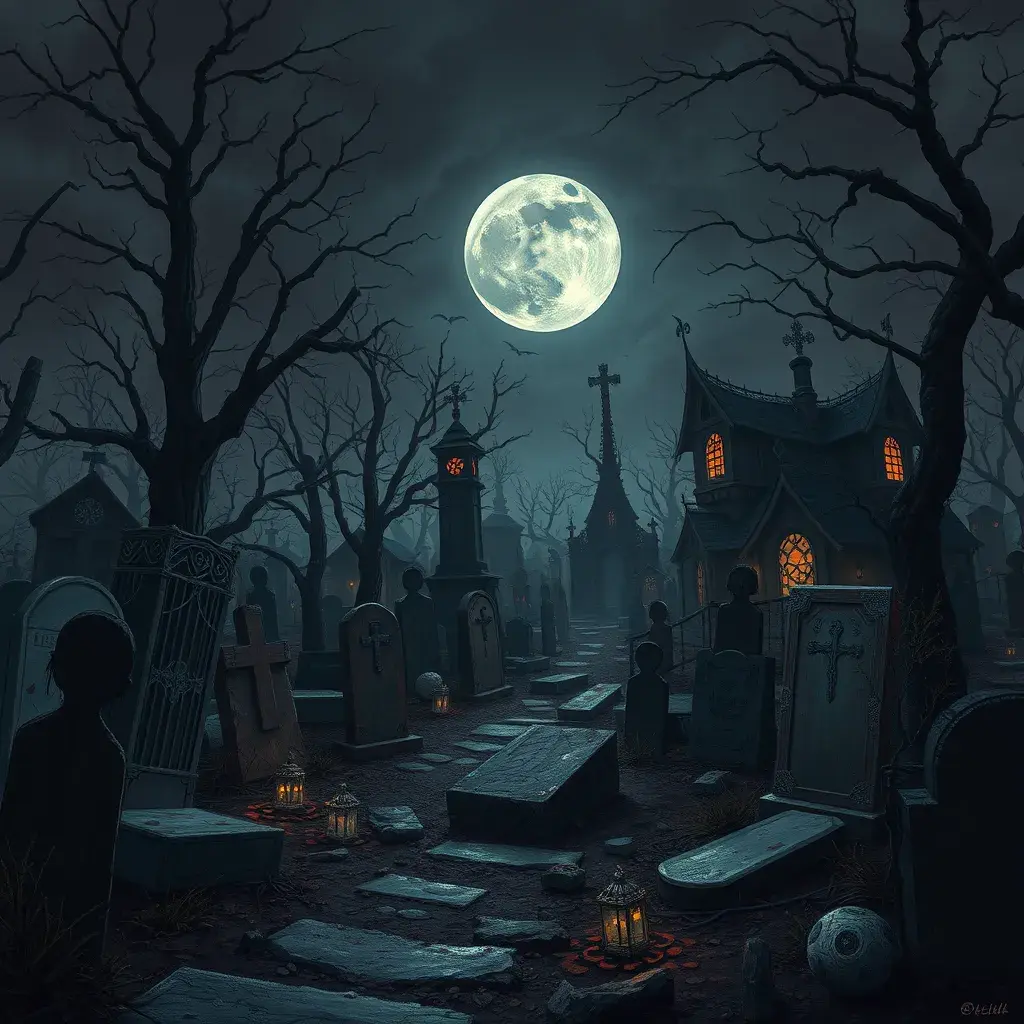 Hyper Detailed illustration of an eerie dystopian graveyard at night, Gothic and Fantasy, Horror, Epic, Sharp Focus, Deviantart