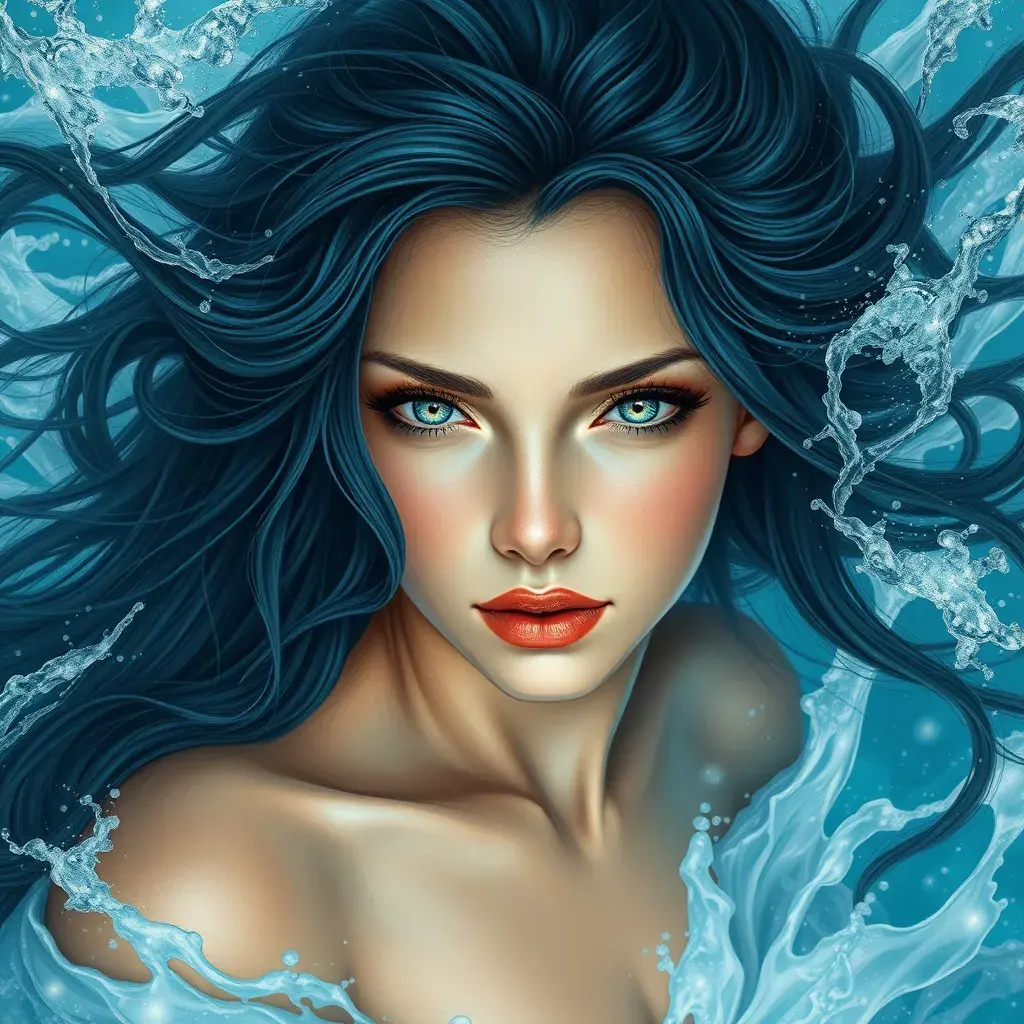 "magical ocean goddess", water, spray, waves, flowing hair, head and shoulders portrait, finely drawn eyes, 8k, Photo Realistic, Fantasy by Stefan Kostic