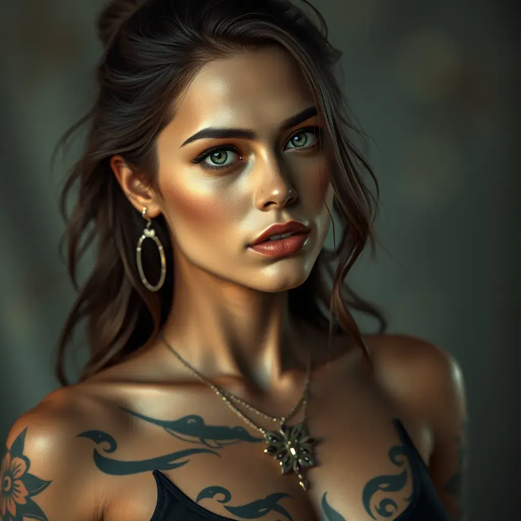 Portrait of Laura Kinney with tattoos, 8k, Highly Detailed, Artstation, Bokeh effect, Sharp Focus, Volumetric Lighting, Concept Art by Stanley Artgerm Lau, Greg Rutkowski