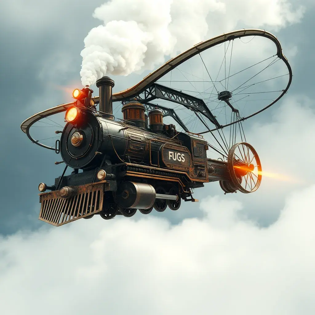 A futuristic hybrid of a steam engine train and a DaVinci flying machine, Steampunk