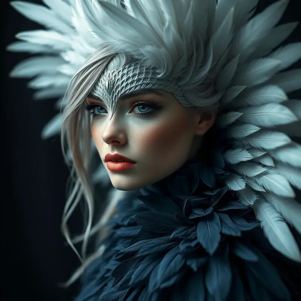 Matte portrait of the beautiful Katarina with feathers, Highly Detailed, Intricate, Realistic, Sharp Focus, Volumetric Lighting, Fantasy, Elegant