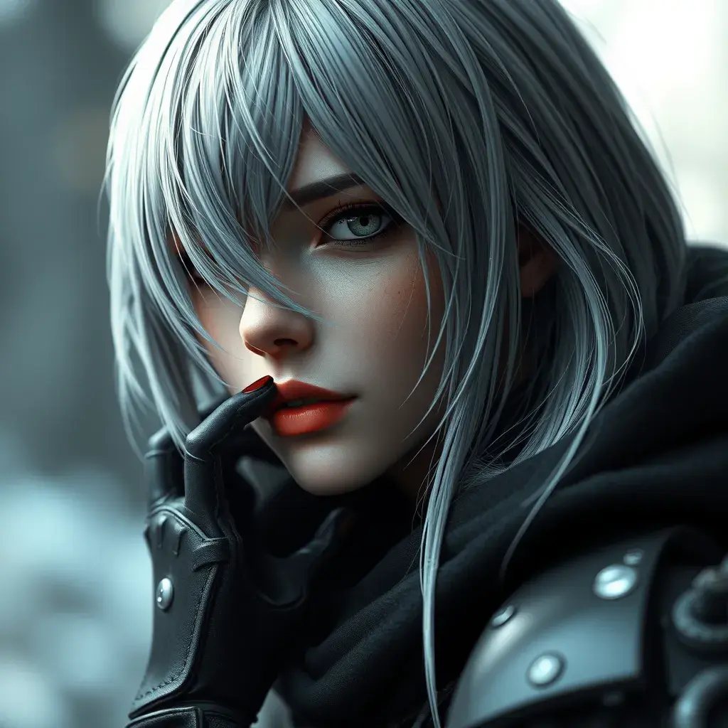 Alluring portrait of a beautiful ashen haired A2 from Nier Automata in the style of Stefan Kostic, Highly Detailed, Full Body, Bokeh effect, Photo Realistic, Sharp Focus